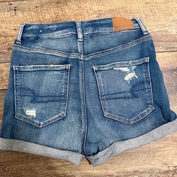 AMERICAN EAGLE Patched Hi Rise Stretch Rip Women's Denim Jean Blue Sz 6 Shorts - Picture 2 of 4